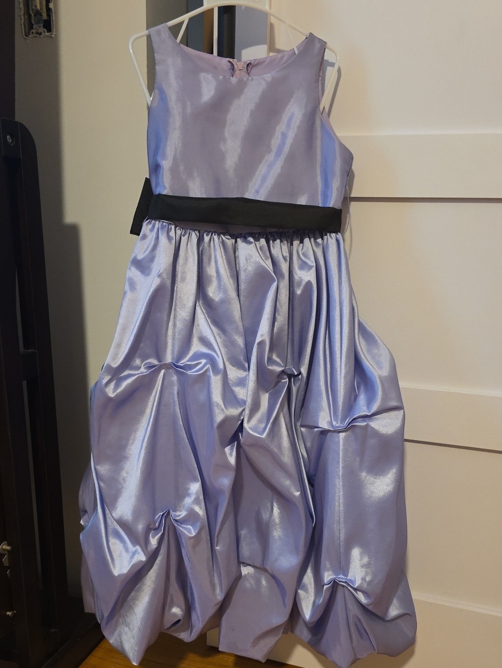 Girls' Lavender Satin Party Dress with Black Waistband